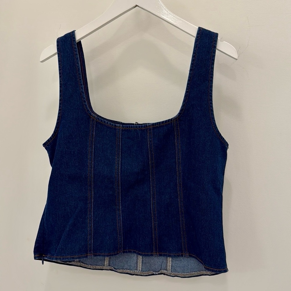 Rachel Zoe Dark Wash Corset Style Denim Crop Top Size Medium
